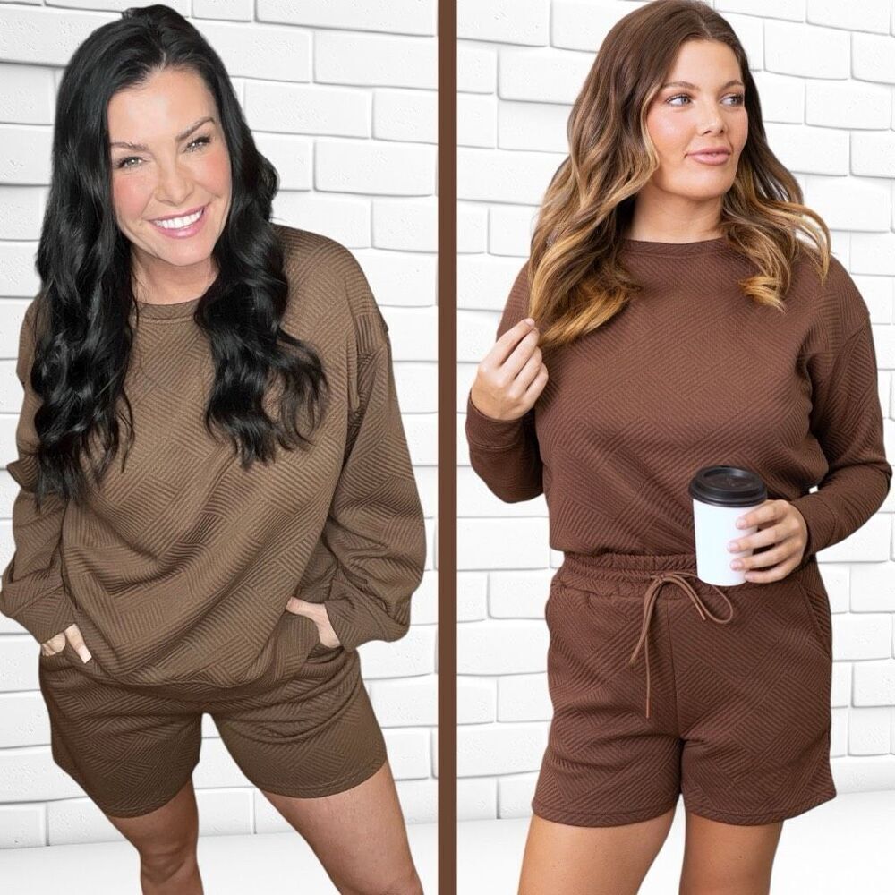 Boutique Brown Texture Long Sleeve Top and Shorts Lounge Set NWT - Picture 14 of 15